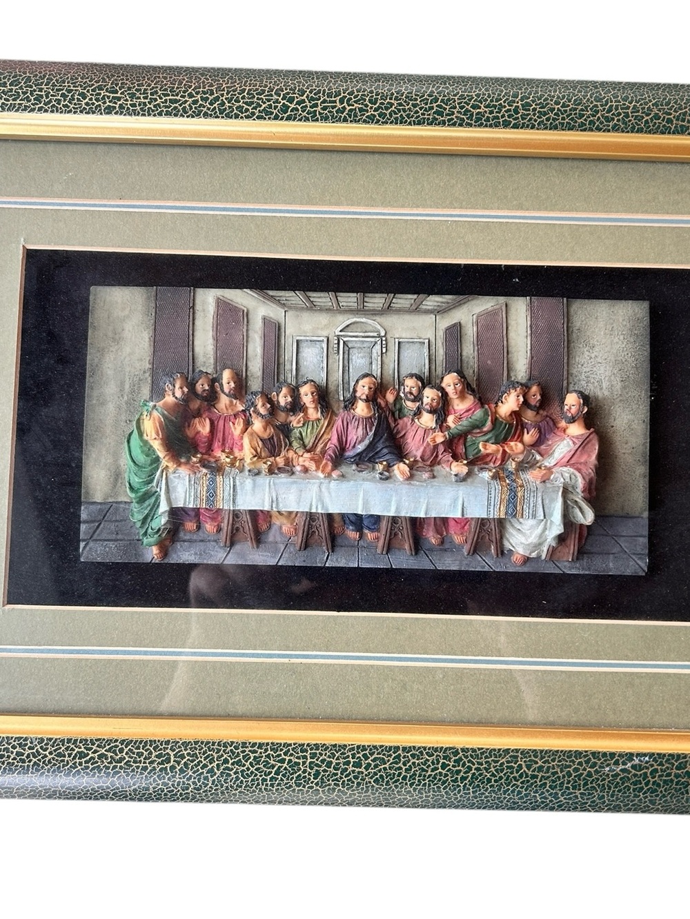 Vintage 3D Bas-Relief “The Last Supper” Wall Art Ornate Green And Gold Tone Fram